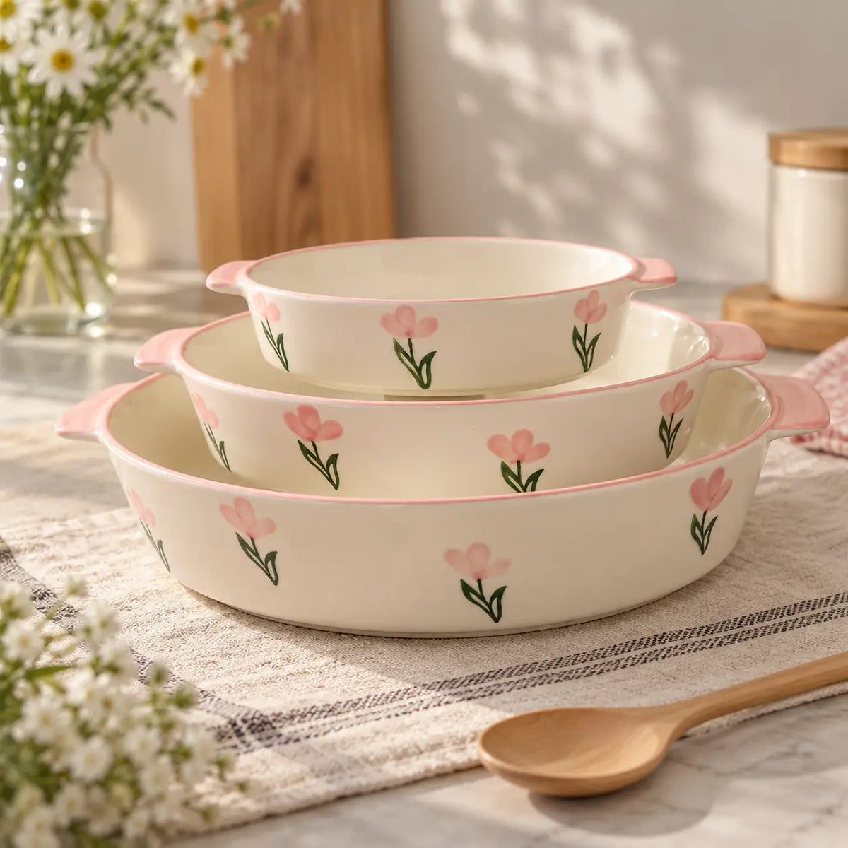 3pcs Pastel Pink Floral Ceramic Baking & Serving Bowls with Handles