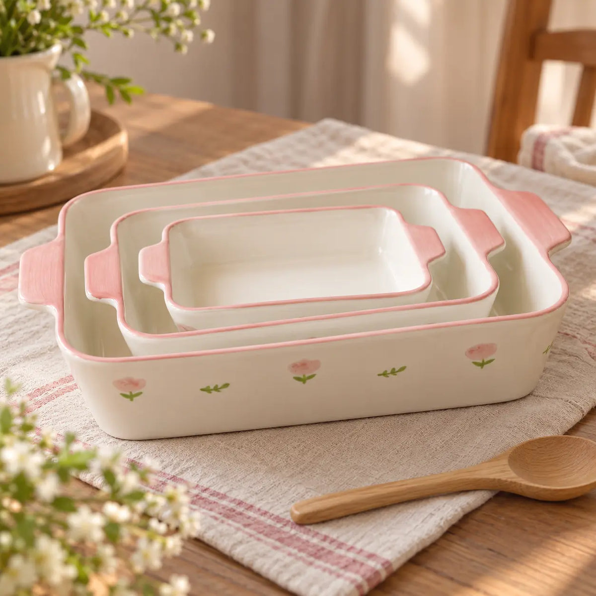 3pcs Pastel Pink Floral Rectangular Ceramic Baking & Serving Dish with Handles