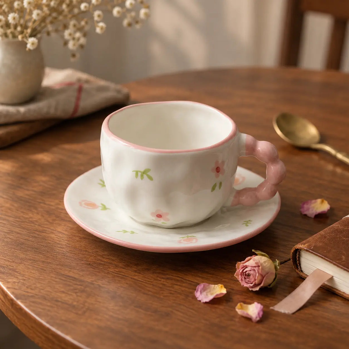 Pastel Pink Daisy Floral Ceramic Tea Cup with Saucer
