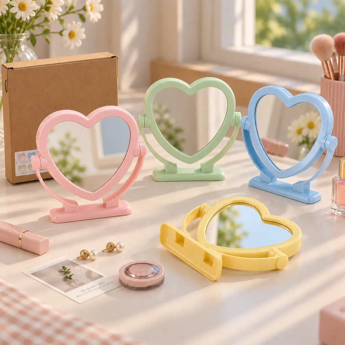 Cute Heart-Shaped Rotating Vanity Mirror