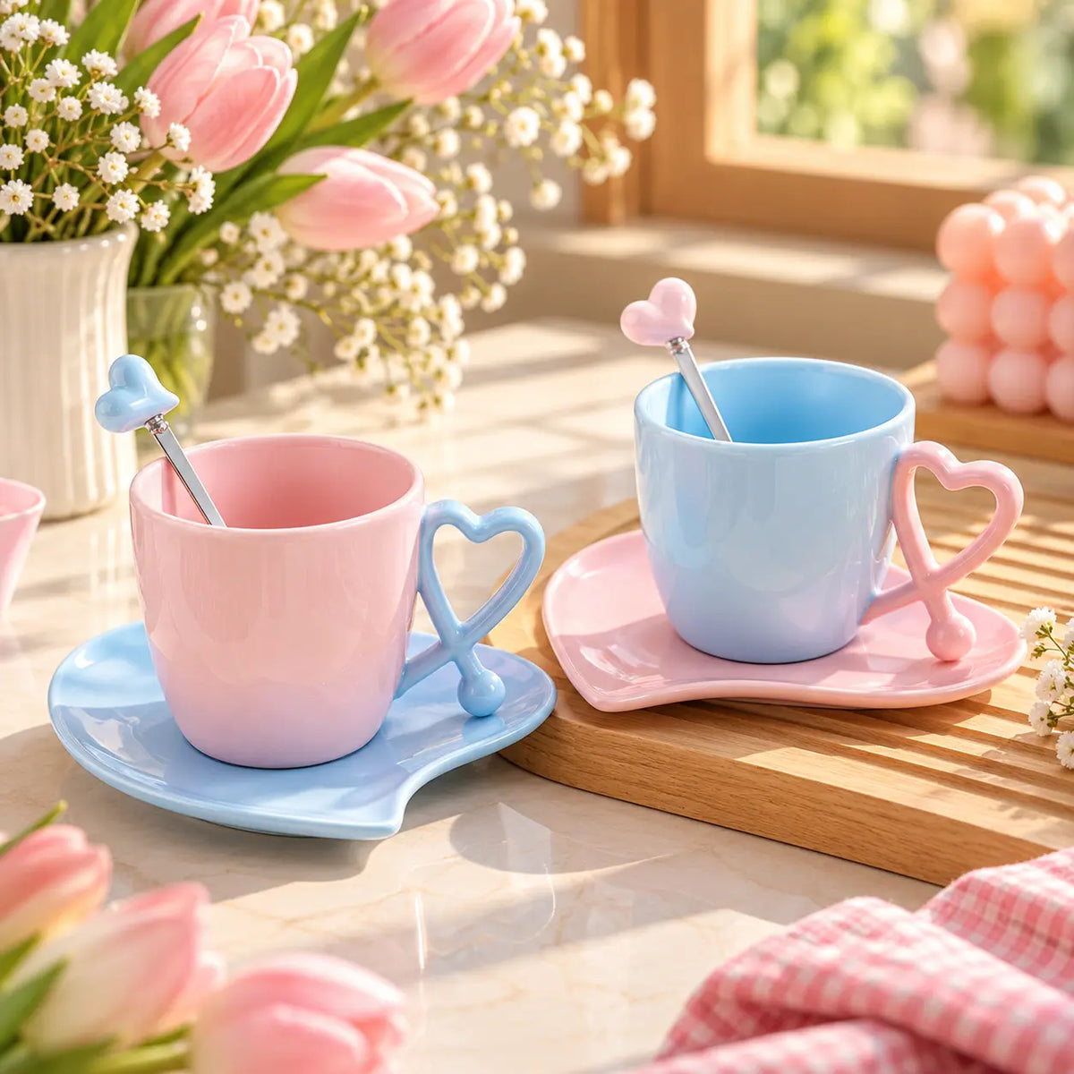 Pastel Heart Handle Ceramic Cup & Saucer Set with Spoon