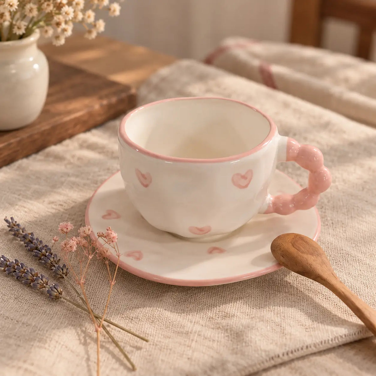 Kawaii Pink Heart Ceramic Tea Cup with Saucer