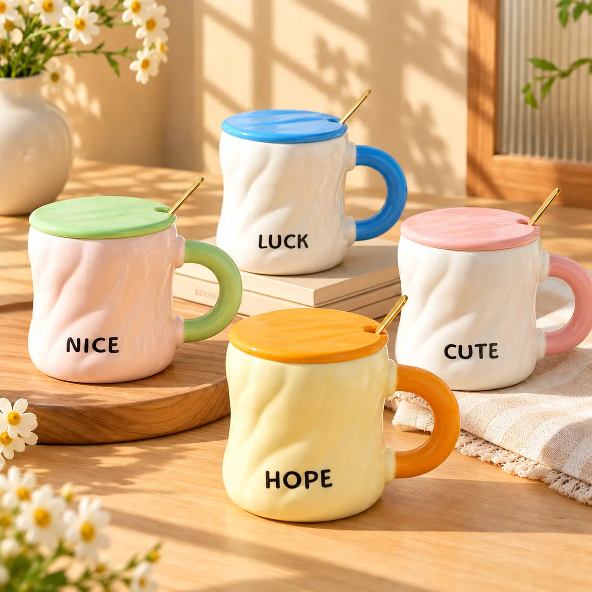 Positive Vibes Ceramic Mug with Lid & Spoon