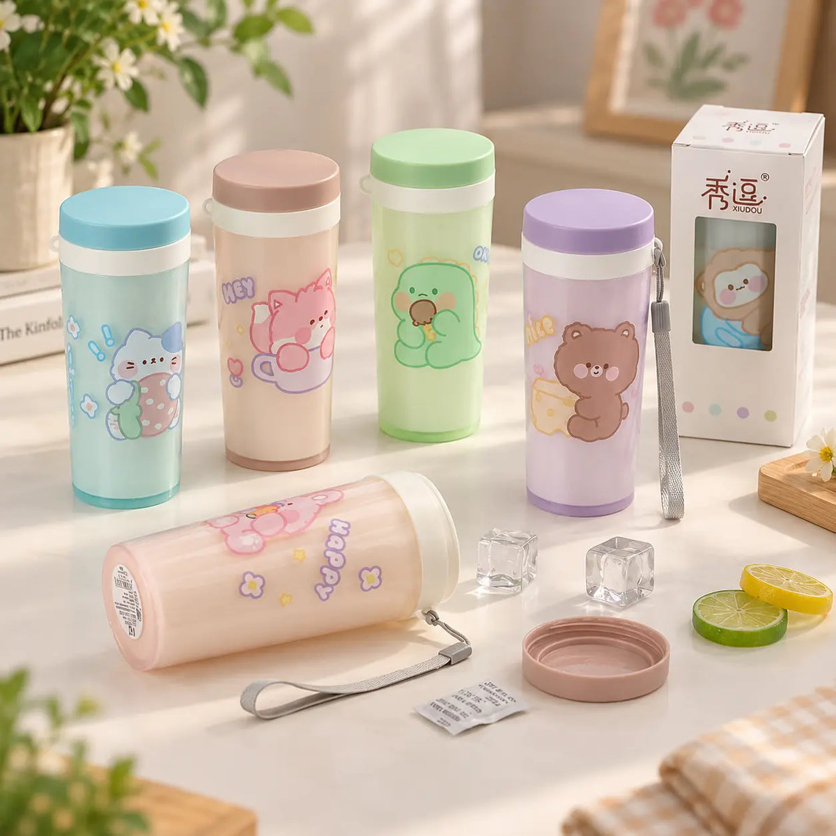 Kawaii Cartoon Insulated Tumbler with Lid & Carry Strap