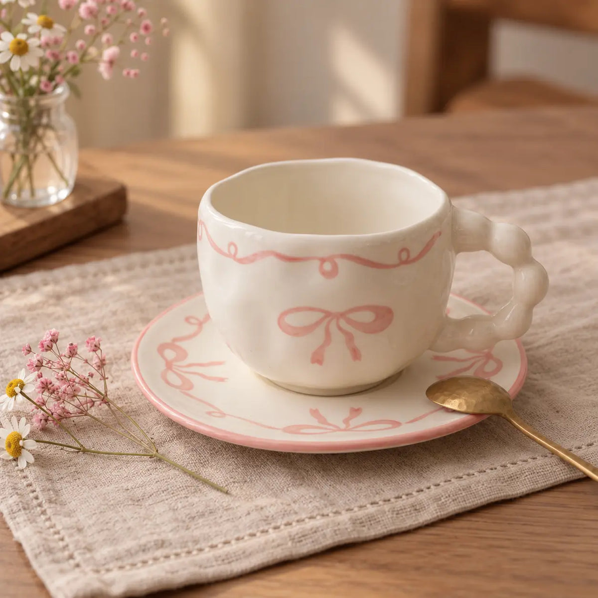 Kawaii Pastel Pink Ribbon Bow Ceramic Tea Cup with Saucer