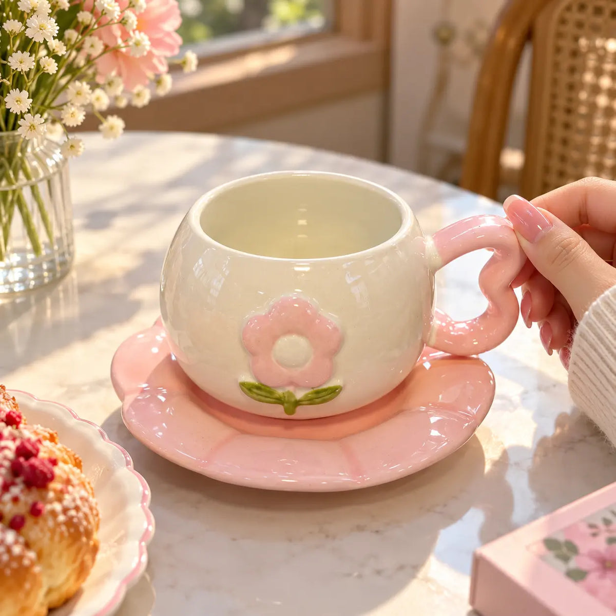 Cute Pink Flower Ceramic Tea Cup & Saucer Set with Heart Handle