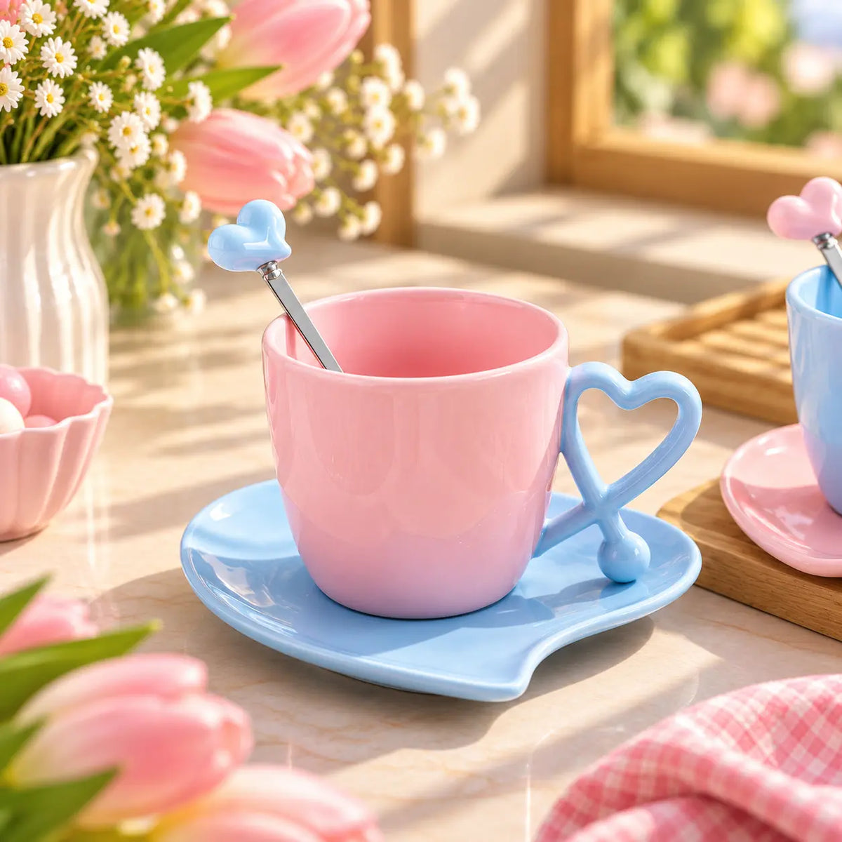 Pastel Heart Handle Ceramic Cup & Saucer Set with Spoon