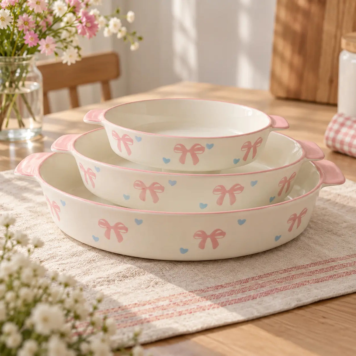 Pastel Pink Ribbon Bow & Heart Ceramic Baking and Serving Dish with Handles
