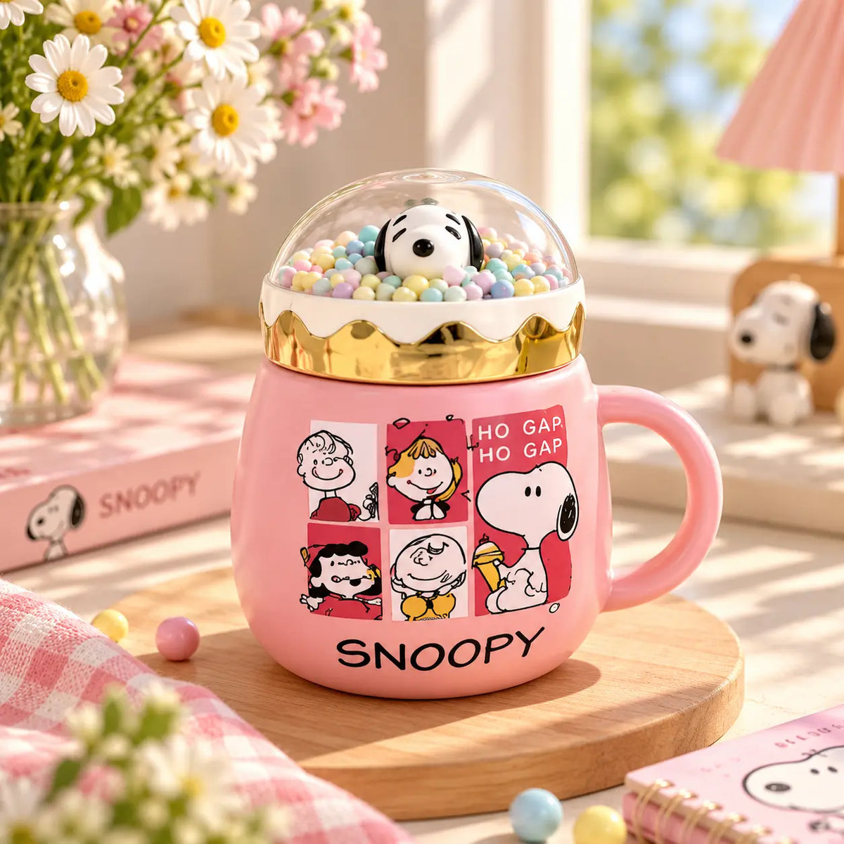 Cute Snoopy Ceramic Mug with 3D Snow Globe Lid
