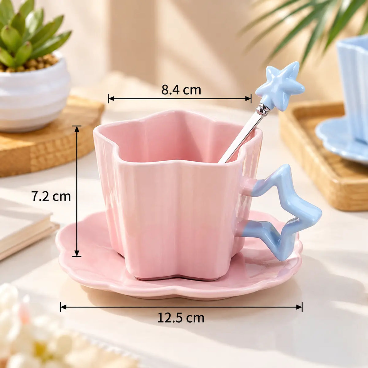 Pastel Star Ceramic Cup & Saucer Set with Matching Spoon