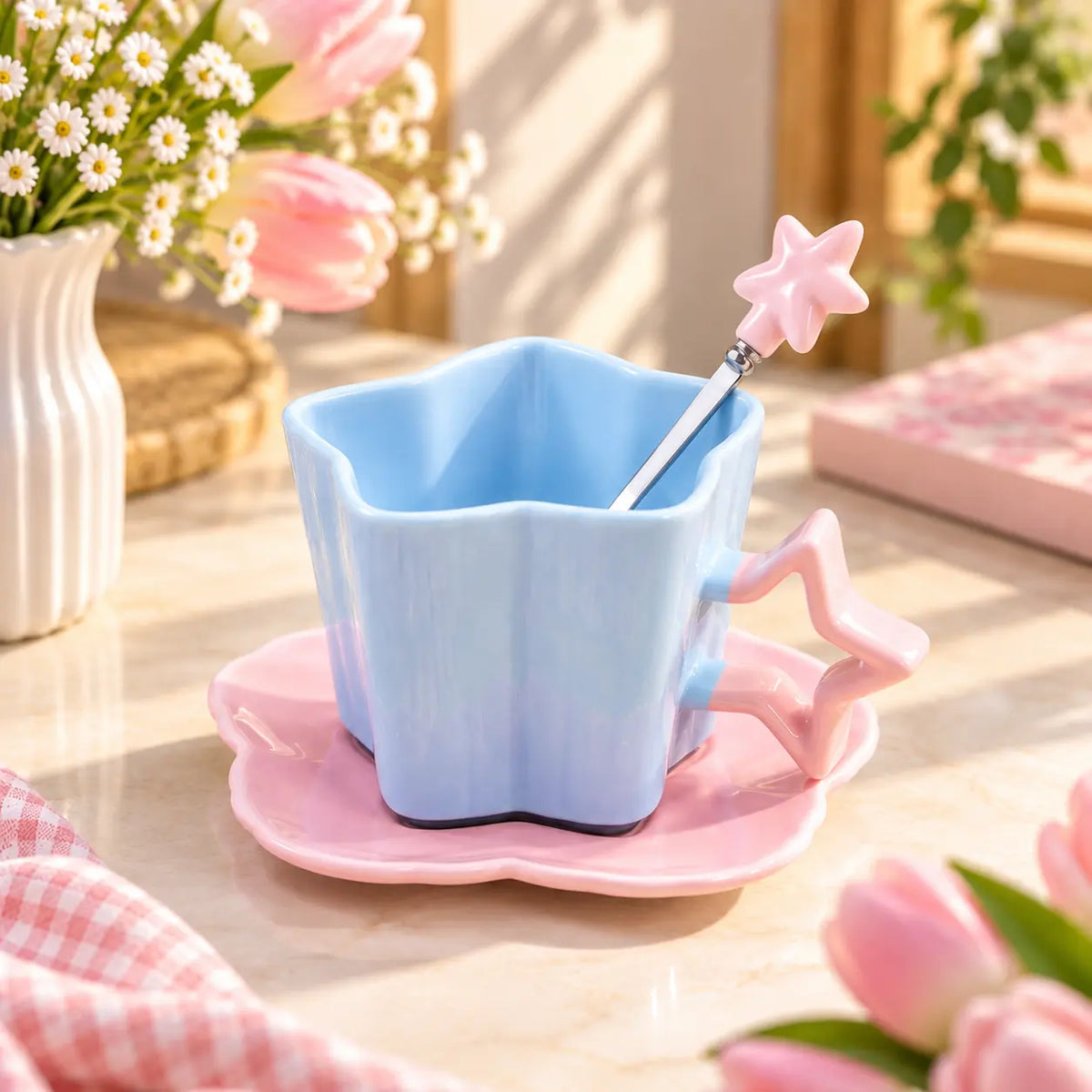 Pastel Star Ceramic Cup & Saucer Set with Matching Spoon