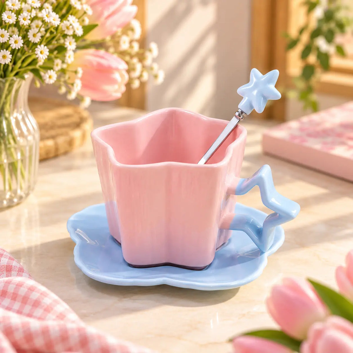 Pastel Star Ceramic Cup & Saucer Set with Matching Spoon