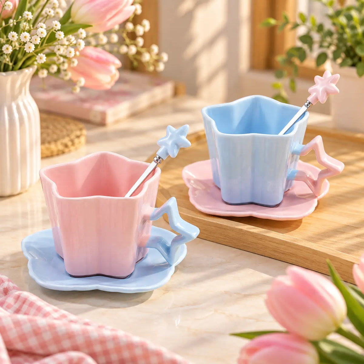 Pastel Star Ceramic Cup & Saucer Set with Matching Spoon
