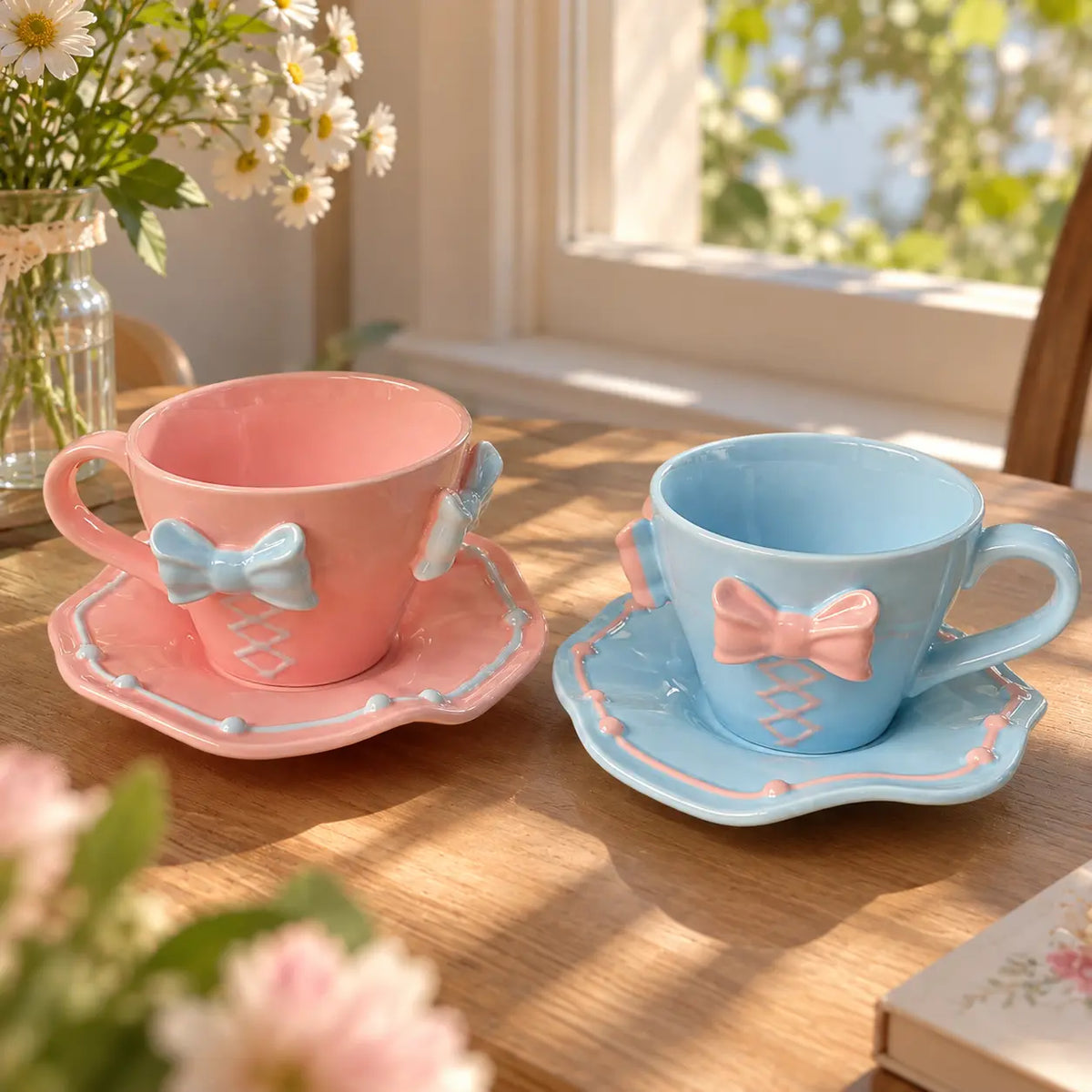 Pastel Bow Ceramic Tea Cup & Saucer Set
