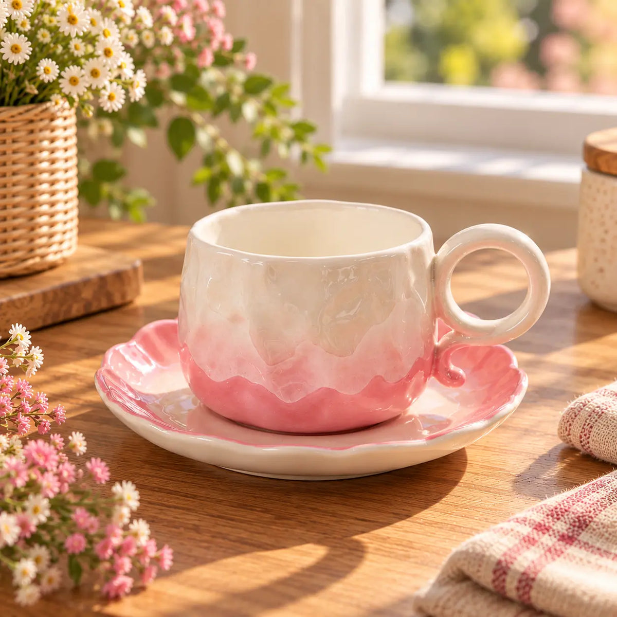 Pastel Ombre Ceramic Tea Cup with Flower Saucer Elegant Coffee Cup Set