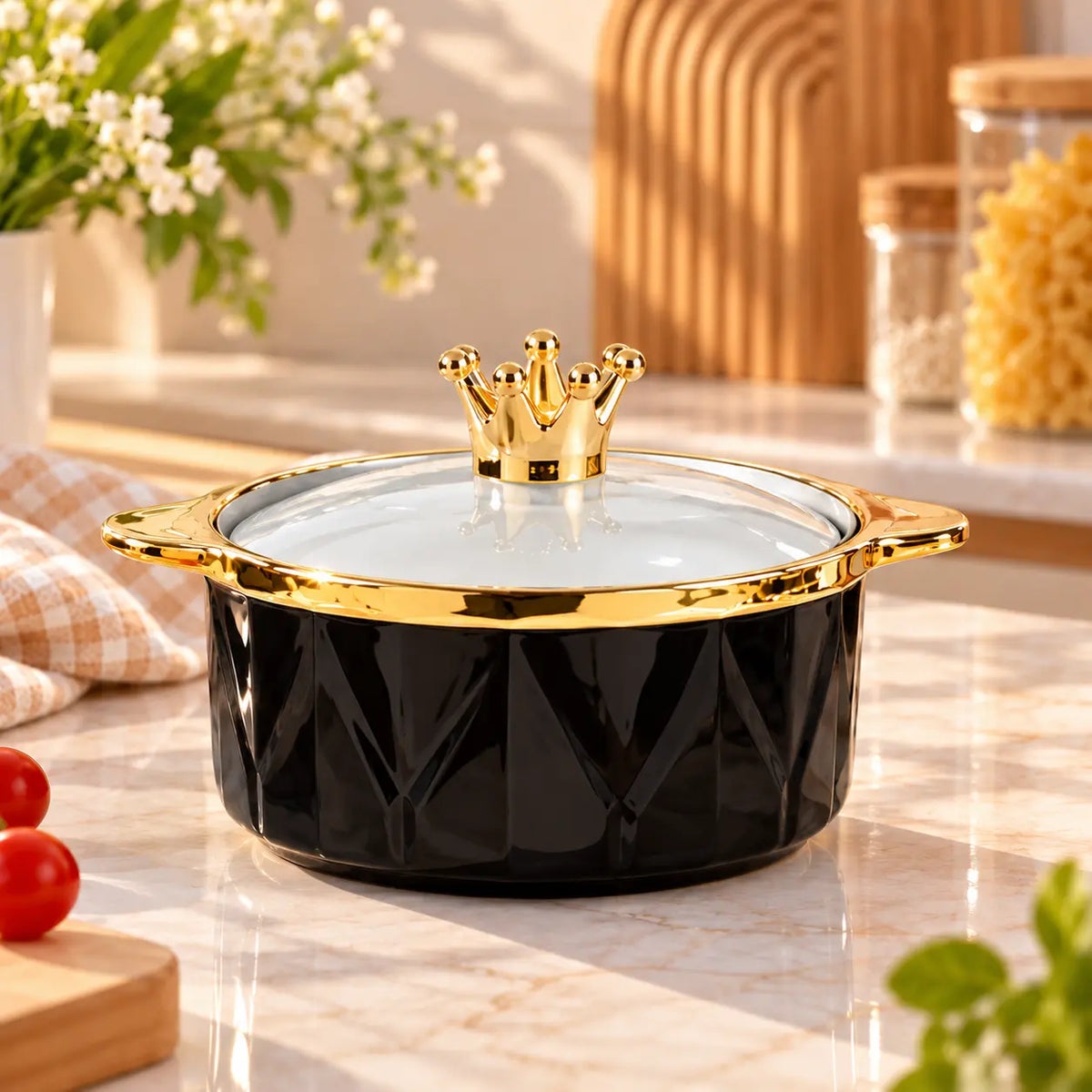 Luxury Crown Ceramic Serving Bowl with Lid