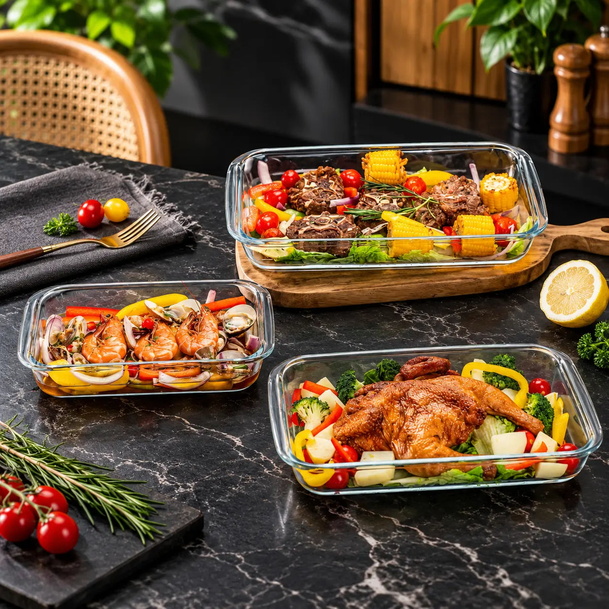 Premium Rectangular Clear Glass Baking & Serving Dish Set 3 Pcs
