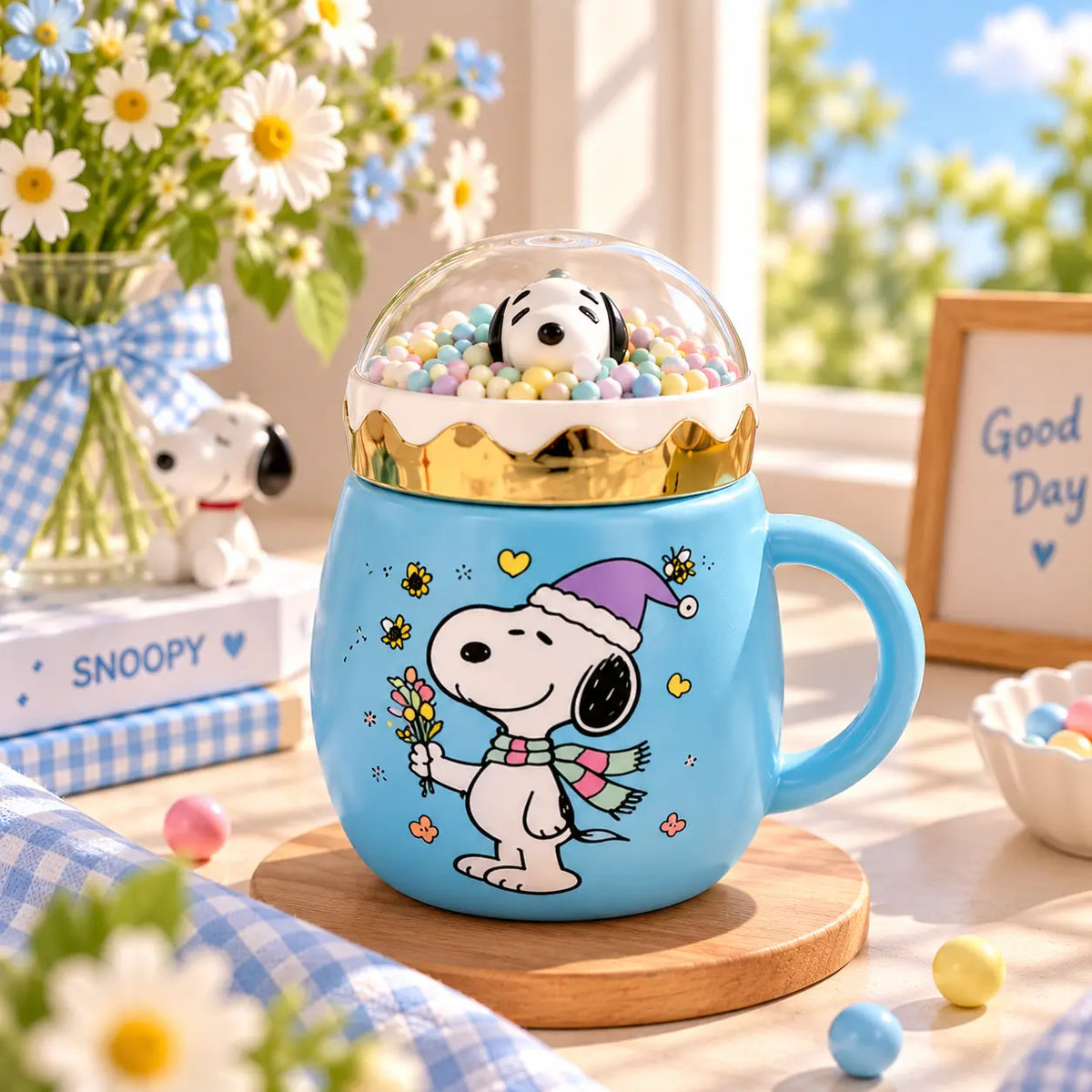 Cute Snoopy Ceramic Mug with 3D Snow Globe Lid