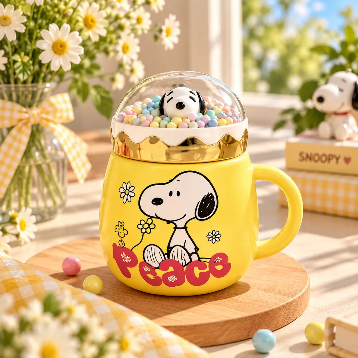 Cute Snoopy Ceramic Mug with 3D Snow Globe Lid