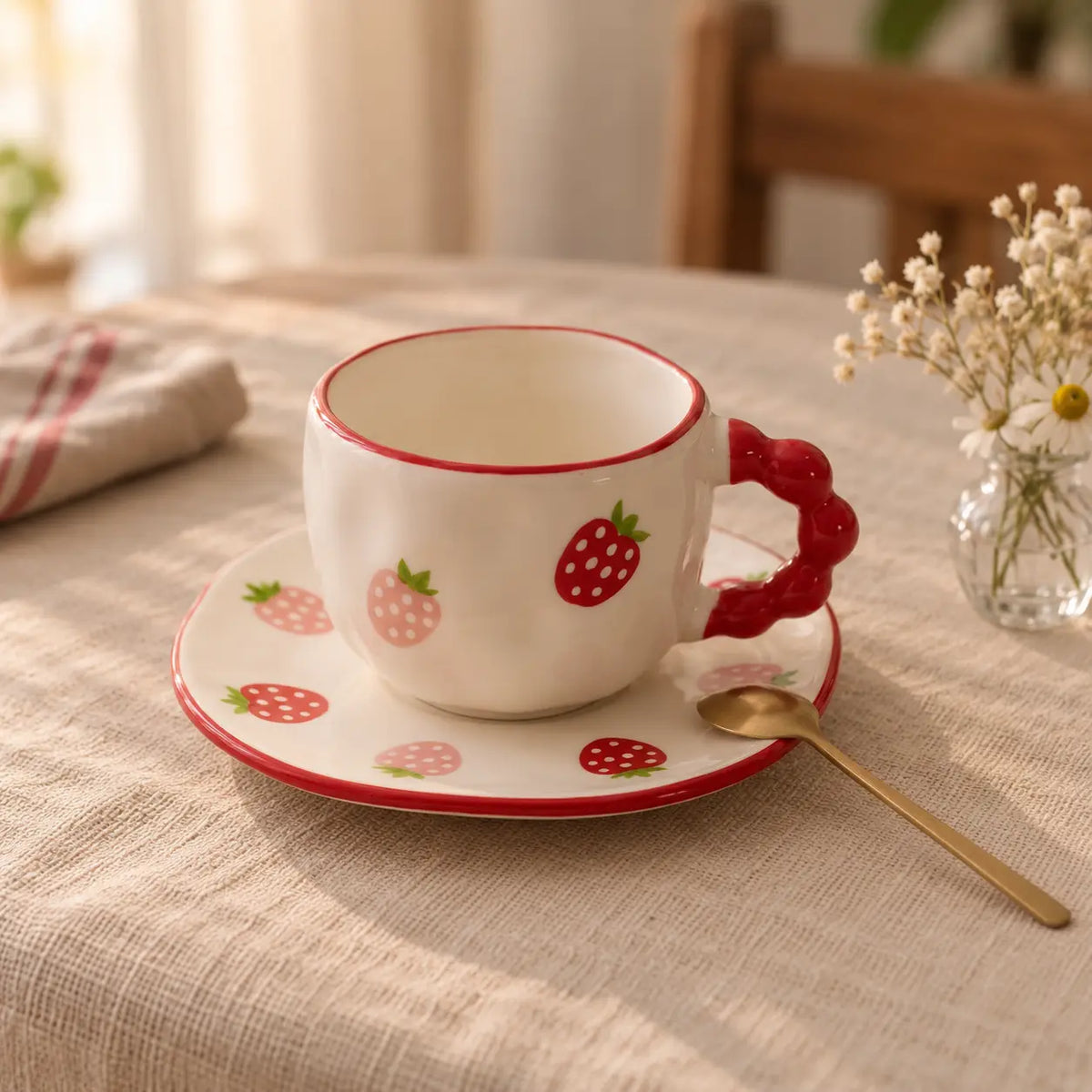 Kawaii Strawberry Ceramic Tea Cup with Saucer