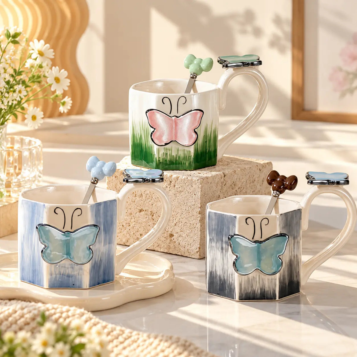 3D Butterfly Ceramic Mug with Bow Spoon & Decorative Handle