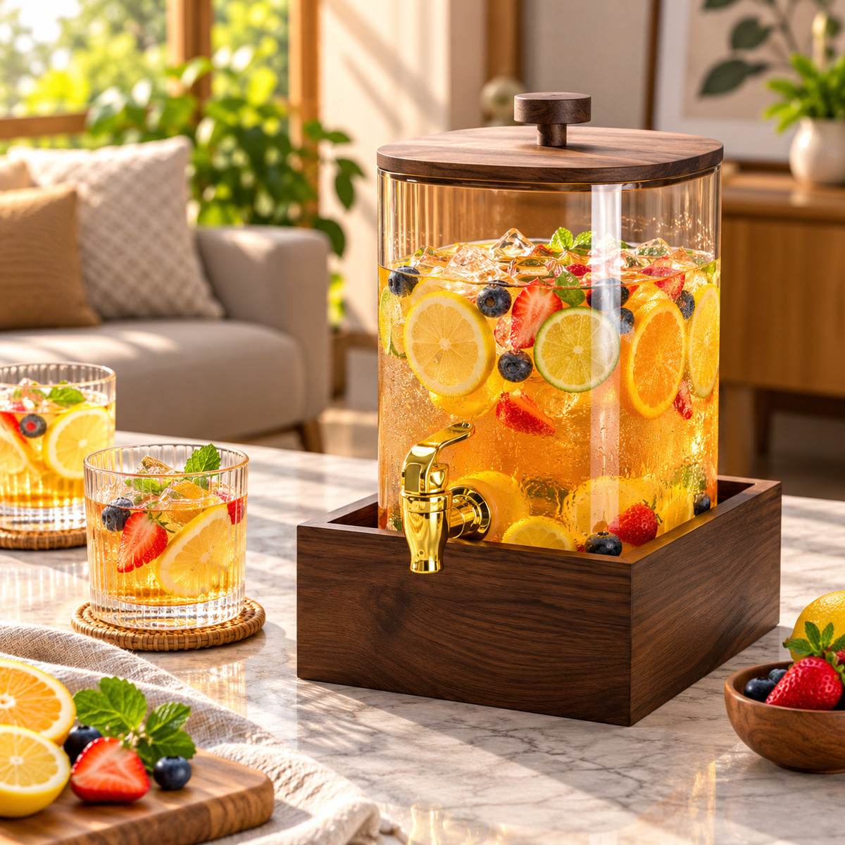 Luxury Glass Beverage Dispenser with Wooden Lid, Gold Tap & Wooden Stand 4.2L