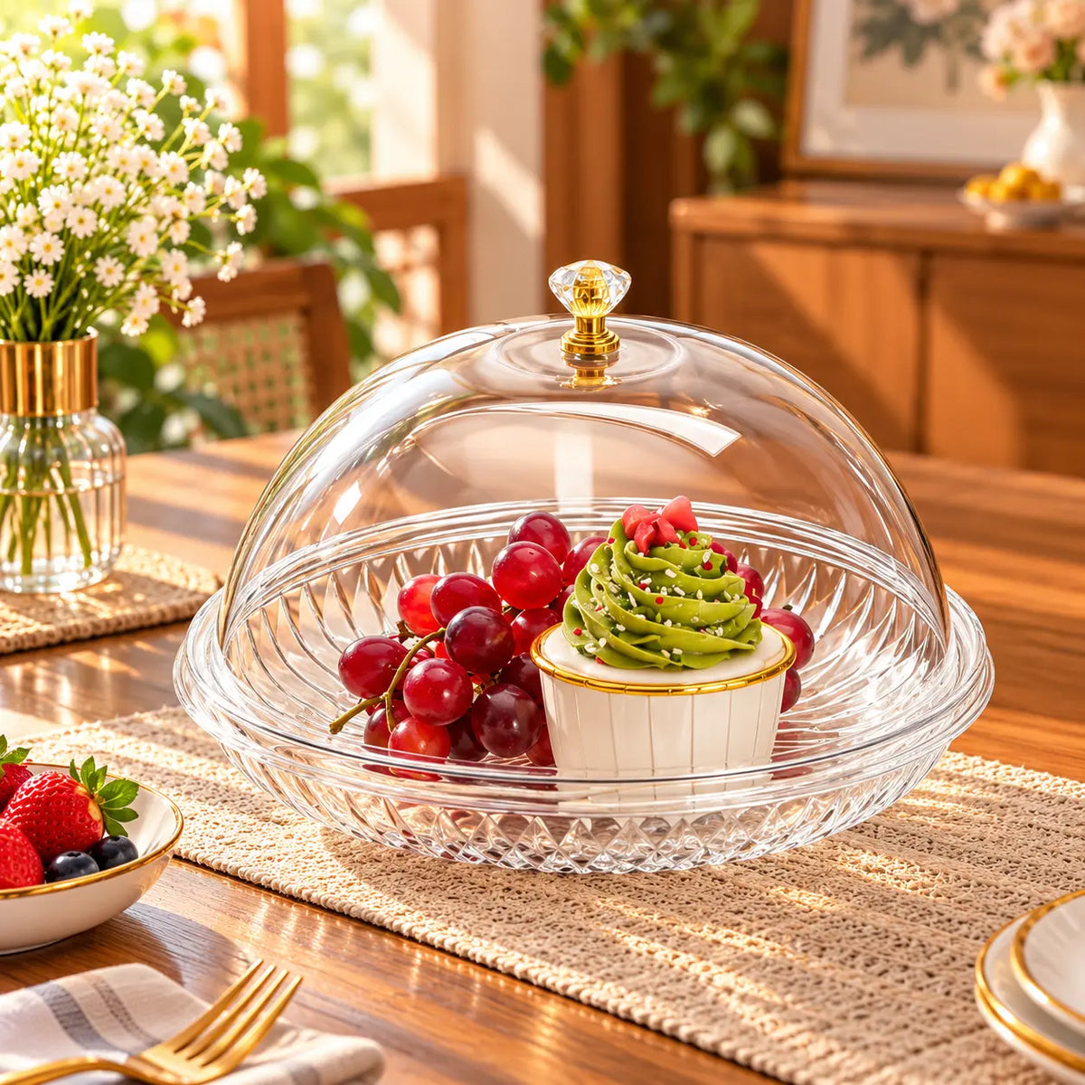 Medium Luxury Crystal Cut Glass Cake Stand with Dome Lid & Gold Knob