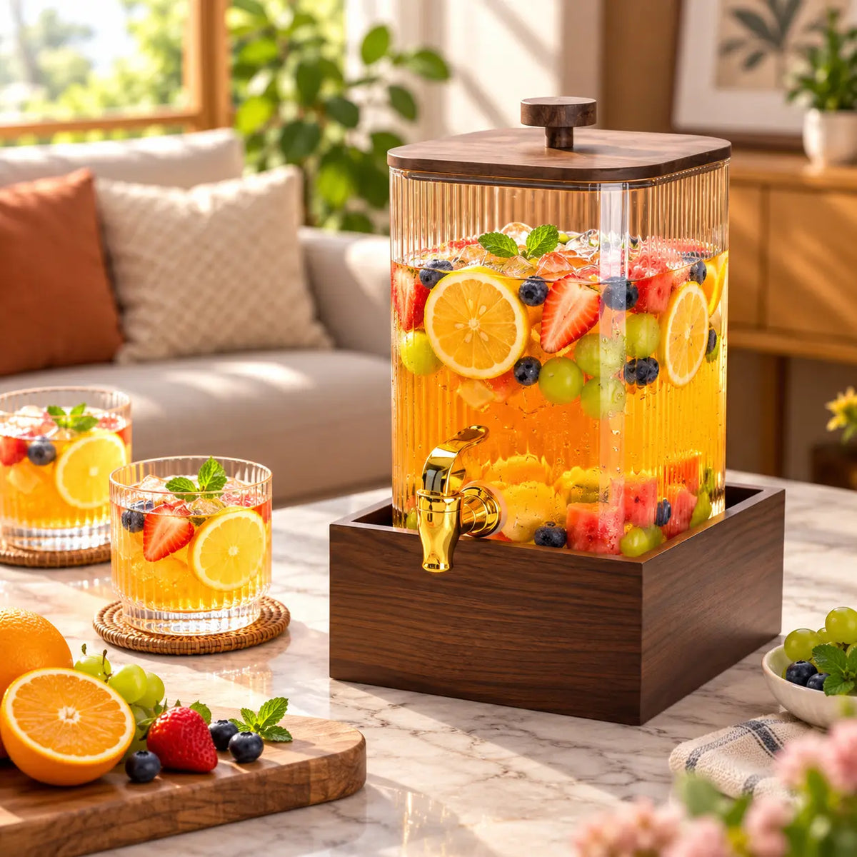Luxury Ribbed Glass Beverage Dispenser with Wooden Lid, Gold Tap & Wooden Stand 4.2L