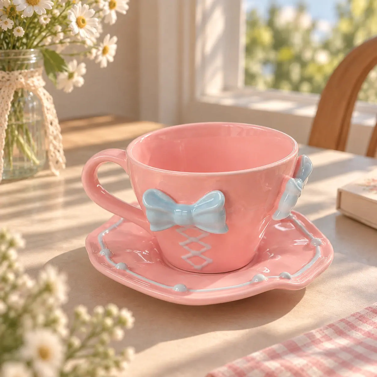 Pastel Bow Ceramic Tea Cup & Saucer Set