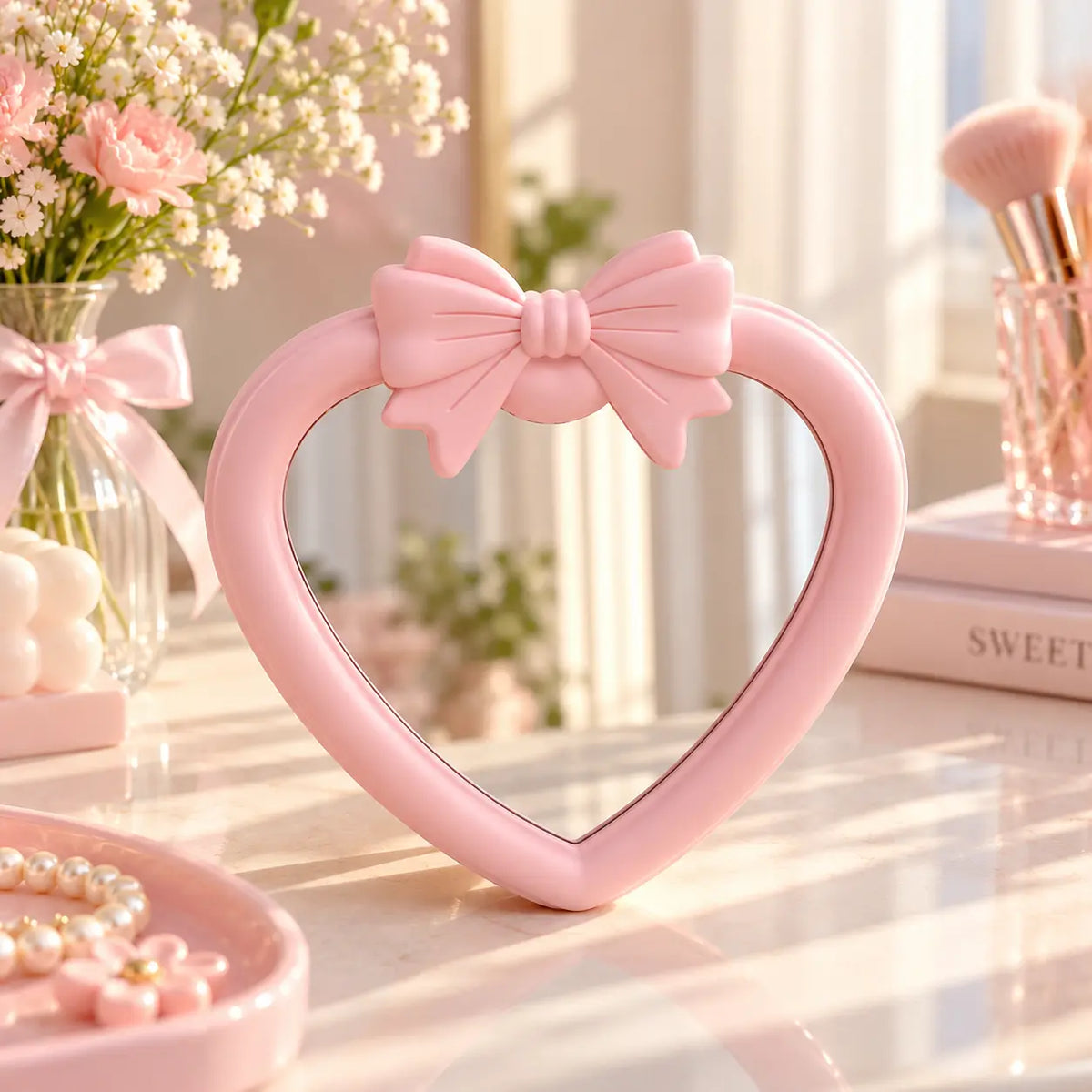Cute Heart-Shaped Vanity Mirror with 3D Bow