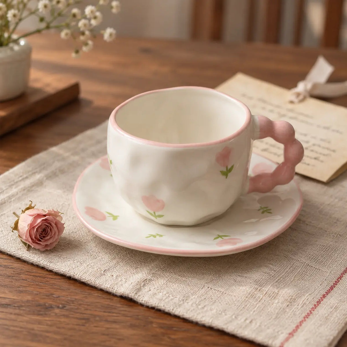 Pink Tulip Floral Ceramic Tea Cup with Saucer