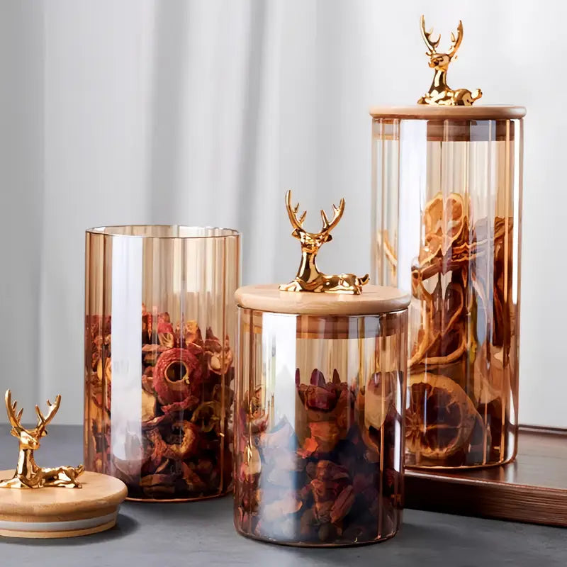 3 Piece Glass Storage Jar Set with Deer Lid