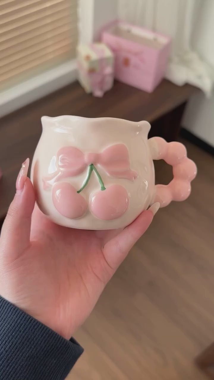Kawaii Peach Bow Ceramic Mug with Beaded Handle Cute Pastel Coffee & Tea Cup