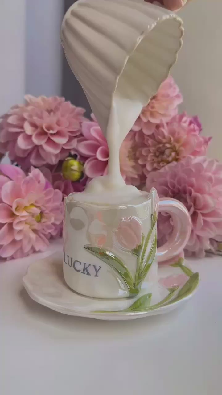 Vintage Tulip Ceramic Coffee Mug with Saucer Handmade Floral Tea Cup Set (250ml)