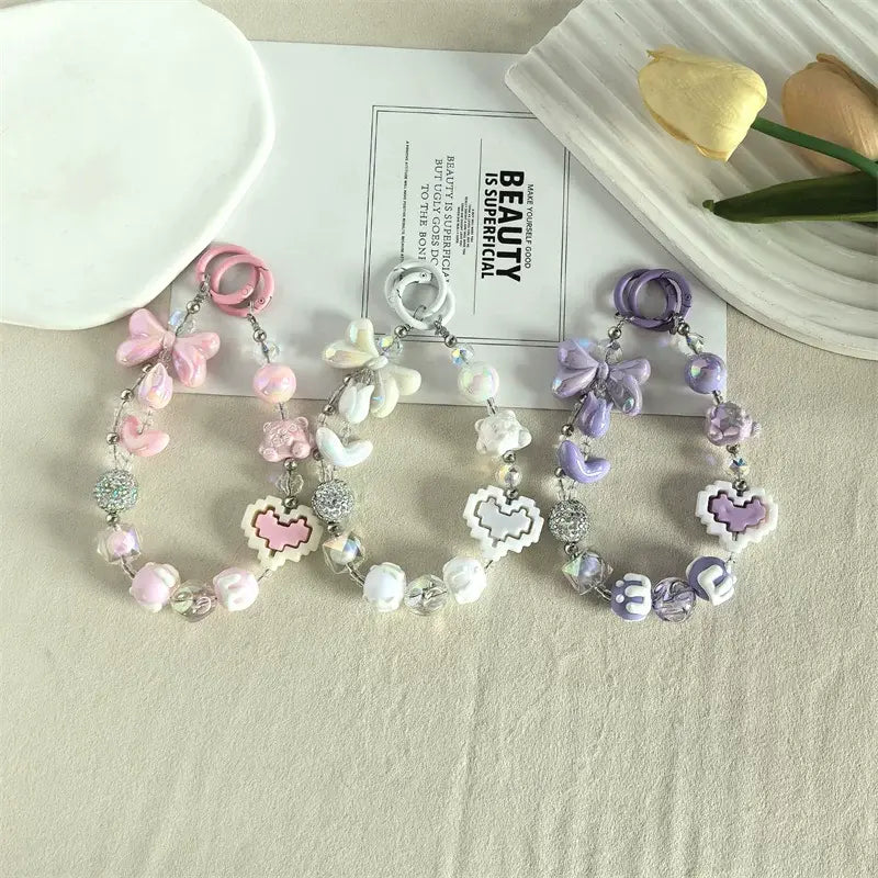Kawaii Beaded Phone Charm Wrist Strap Cute Butterfly Bear & Heart Bracelet Lanyard for Phone Keys & Bags Sparkels  Sparkels