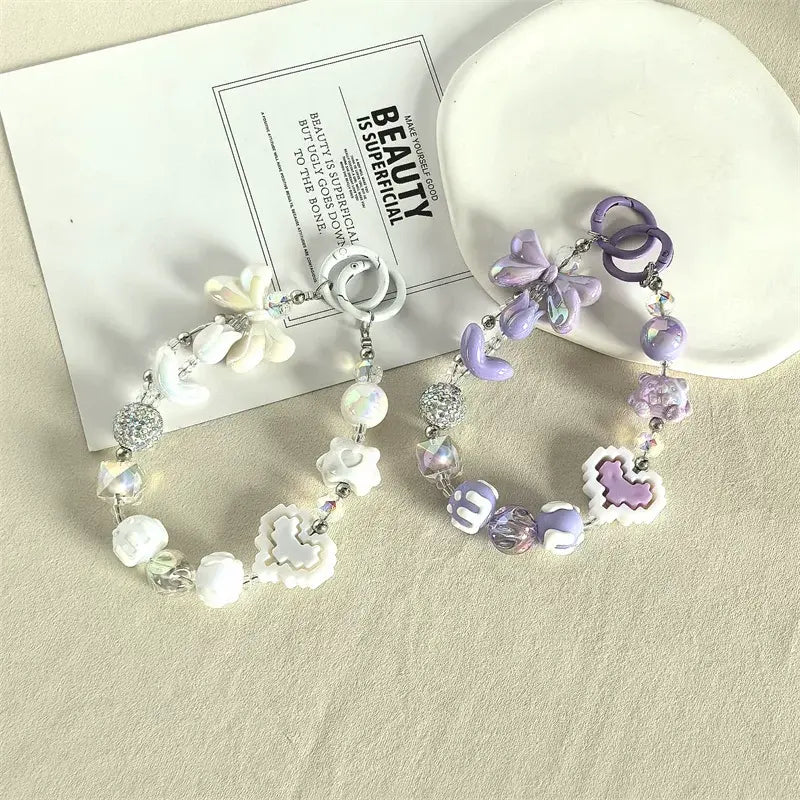 Kawaii Beaded Phone Charm Wrist Strap Cute Butterfly Bear & Heart Bracelet Lanyard for Phone Keys & Bags Sparkels  Sparkels