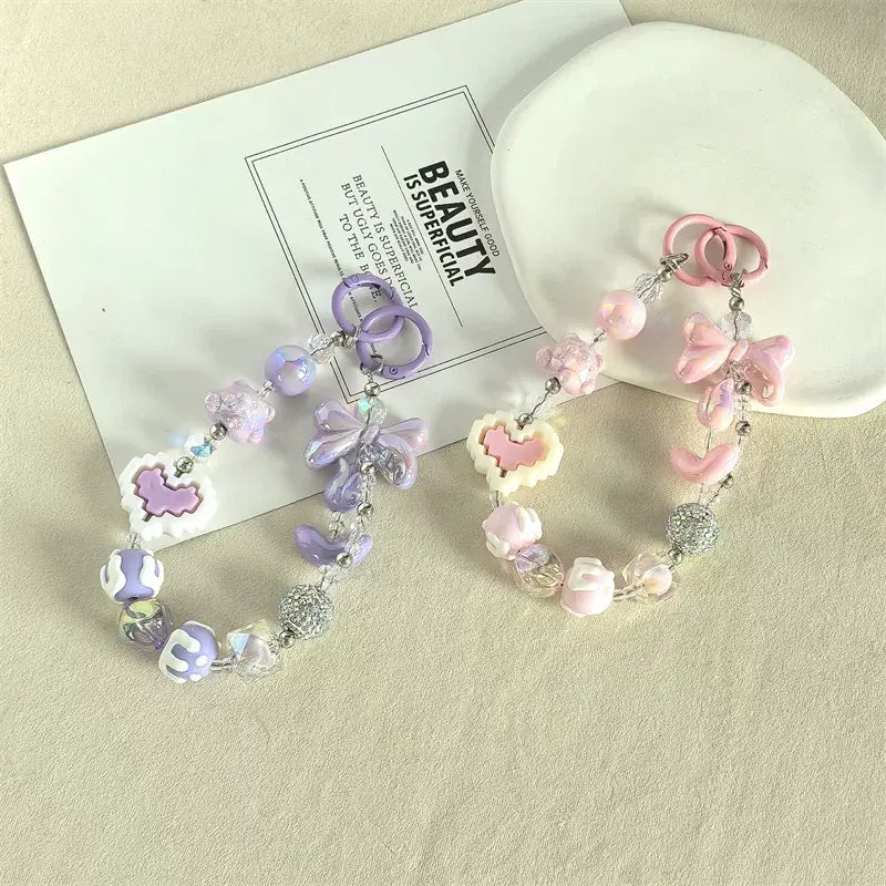 Kawaii Beaded Phone Charm Wrist Strap Cute Butterfly Bear & Heart Bracelet Lanyard for Phone Keys & Bags Sparkels  Sparkels