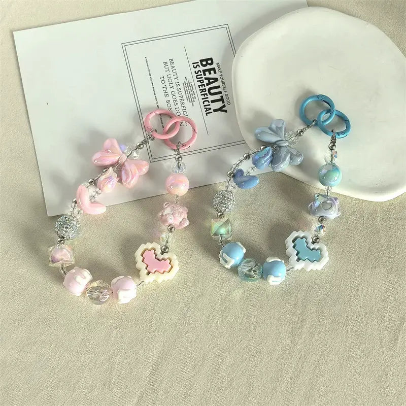 Kawaii Beaded Phone Charm Wrist Strap Cute Butterfly Bear & Heart Bracelet Lanyard for Phone Keys & Bags Sparkels  Sparkels