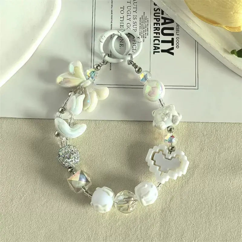 Kawaii Beaded Phone Charm Wrist Strap Cute Butterfly Bear & Heart Bracelet Lanyard for Phone Keys & Bags Sparkels  Sparkels