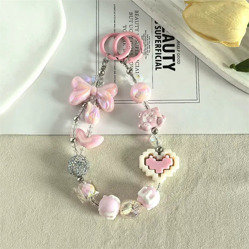 Kawaii Beaded Phone Charm Wrist Strap Cute Butterfly Bear & Heart Bracelet Lanyard for Phone Keys & Bags Sparkels  Sparkels