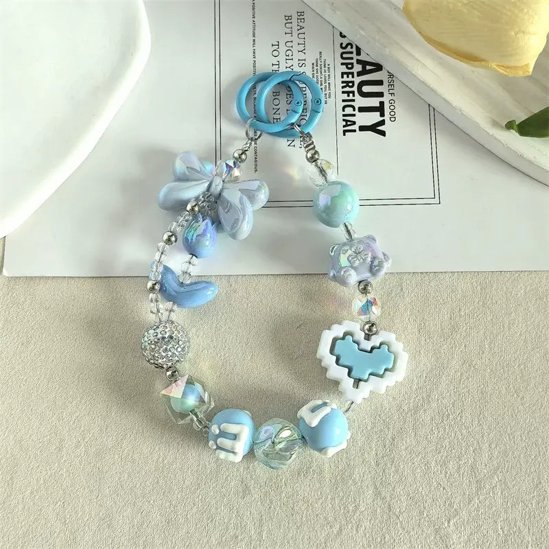 Kawaii Beaded Phone Charm Wrist Strap Cute Butterfly Bear & Heart Bracelet Lanyard for Phone Keys & Bags Sparkels  Sparkels