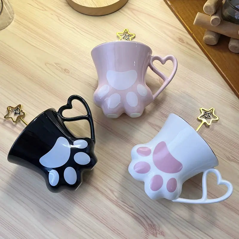 Cute Cat Paw Ceramic Mug with Heart Handle & Star Spoon Kawaii Coffee & Milk Cup Gift Sparkels  Sparkels