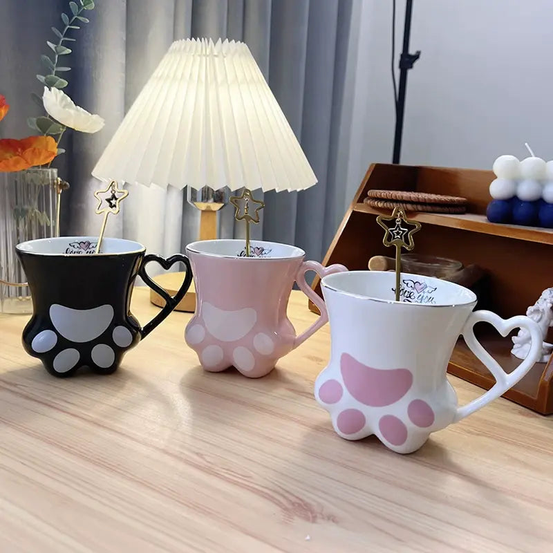 Cute Cat Paw Ceramic Mug with Heart Handle & Star Spoon Kawaii Coffee & Milk Cup Gift Sparkels  Sparkels