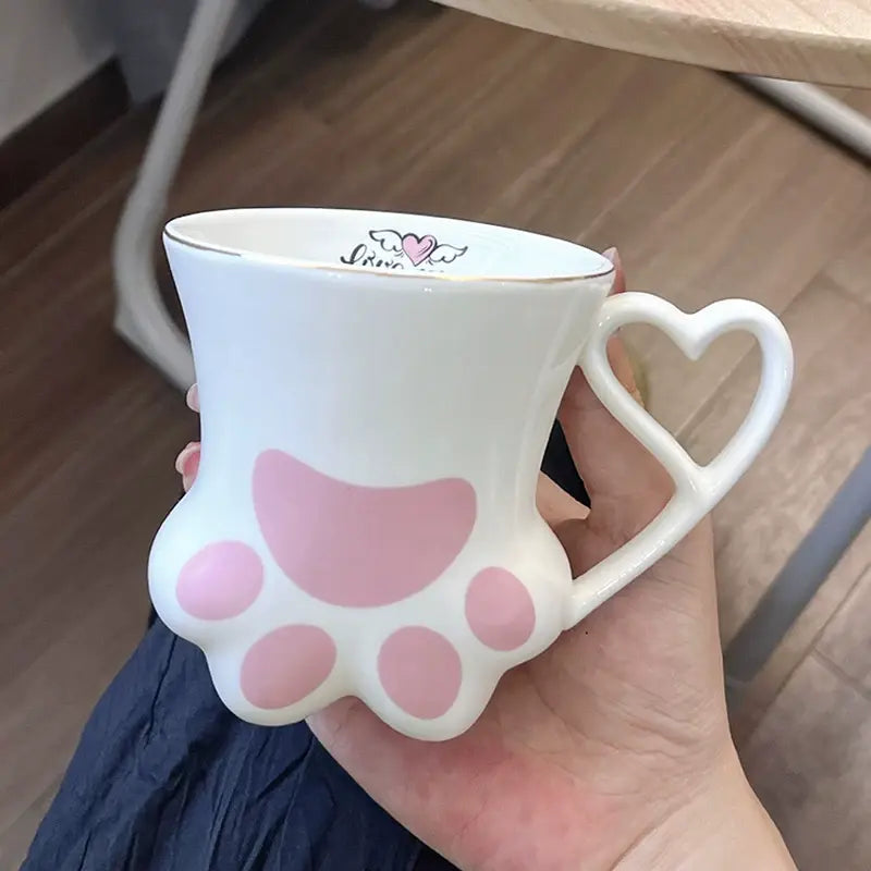 Cute Cat Paw Ceramic Mug with Heart Handle & Star Spoon Kawaii Coffee & Milk Cup Gift Sparkels  Sparkels