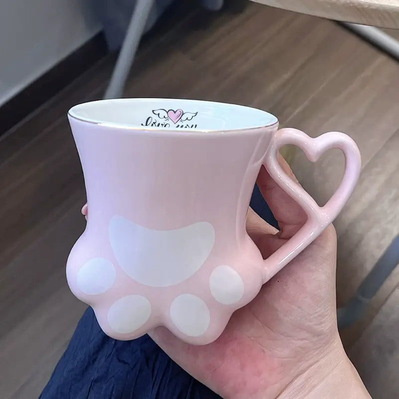 Cute Cat Paw Ceramic Mug with Heart Handle & Star Spoon Kawaii Coffee & Milk Cup Gift Sparkels  Sparkels