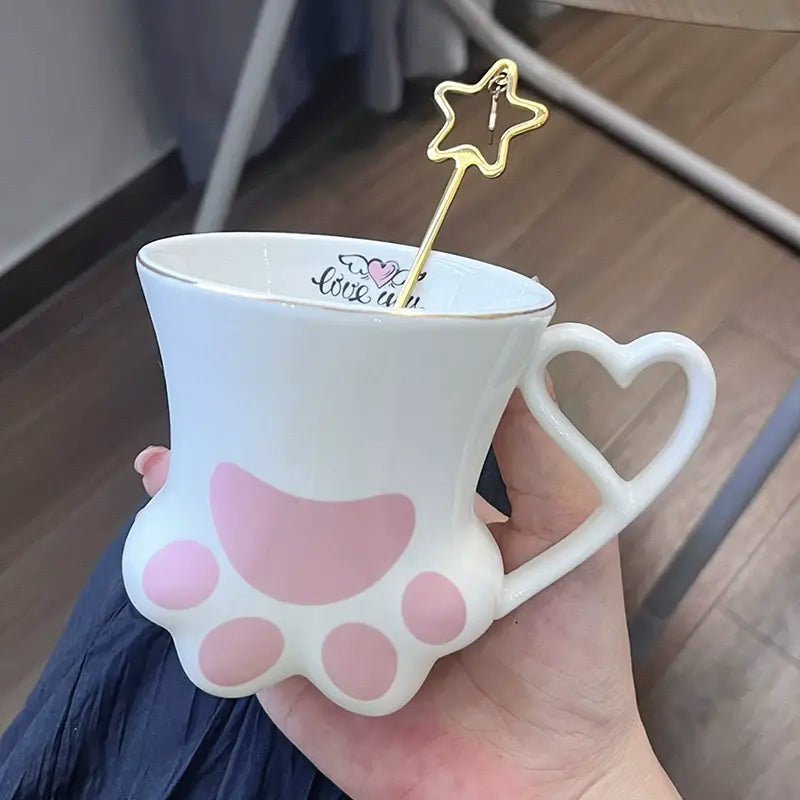 Cute Cat Paw Ceramic Mug with Heart Handle & Star Spoon Kawaii Coffee & Milk Cup Gift Sparkels  Sparkels