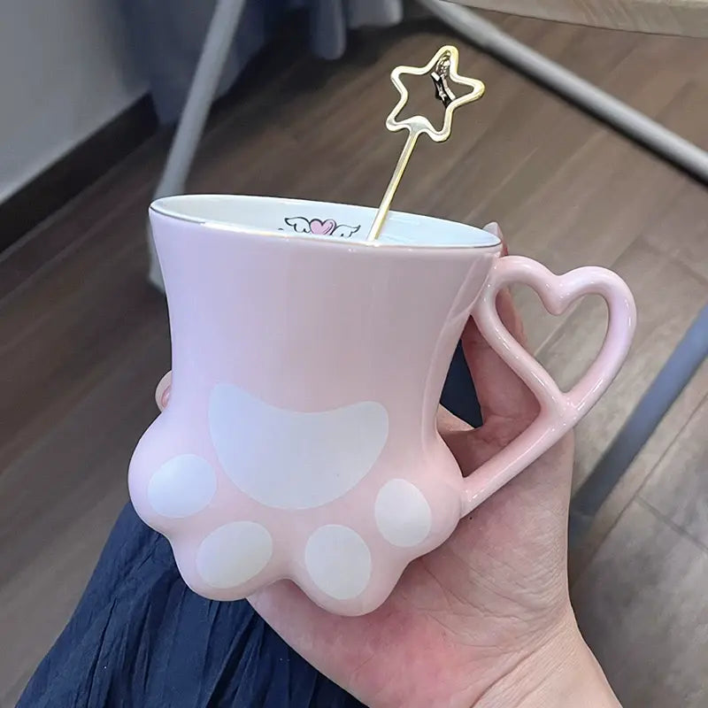 Cute Cat Paw Ceramic Mug with Heart Handle & Star Spoon Kawaii Coffee & Milk Cup Gift Sparkels  Sparkels