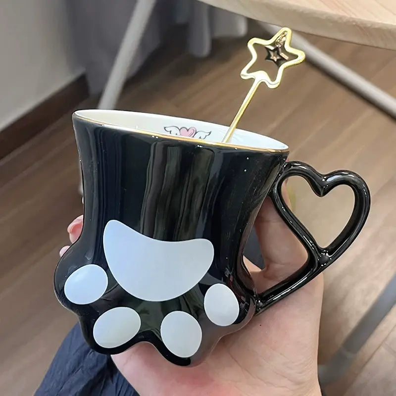 Cute Cat Paw Ceramic Mug with Heart Handle & Star Spoon Kawaii Coffee & Milk Cup Gift Sparkels  Sparkels