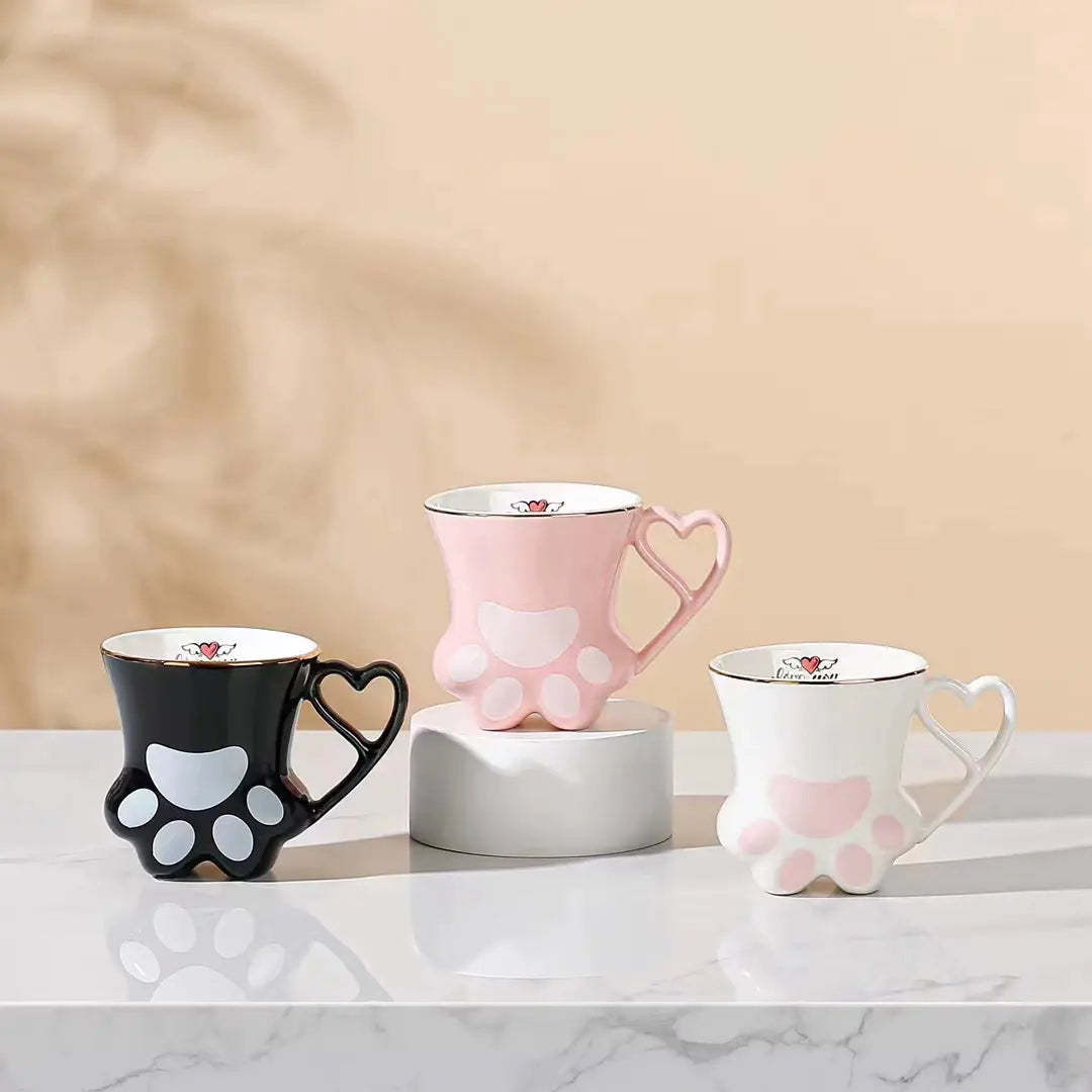 Cute Cat Paw Ceramic Mug with Heart Handle & Star Spoon Kawaii Coffee & Milk Cup Gift Sparkels  Sparkels