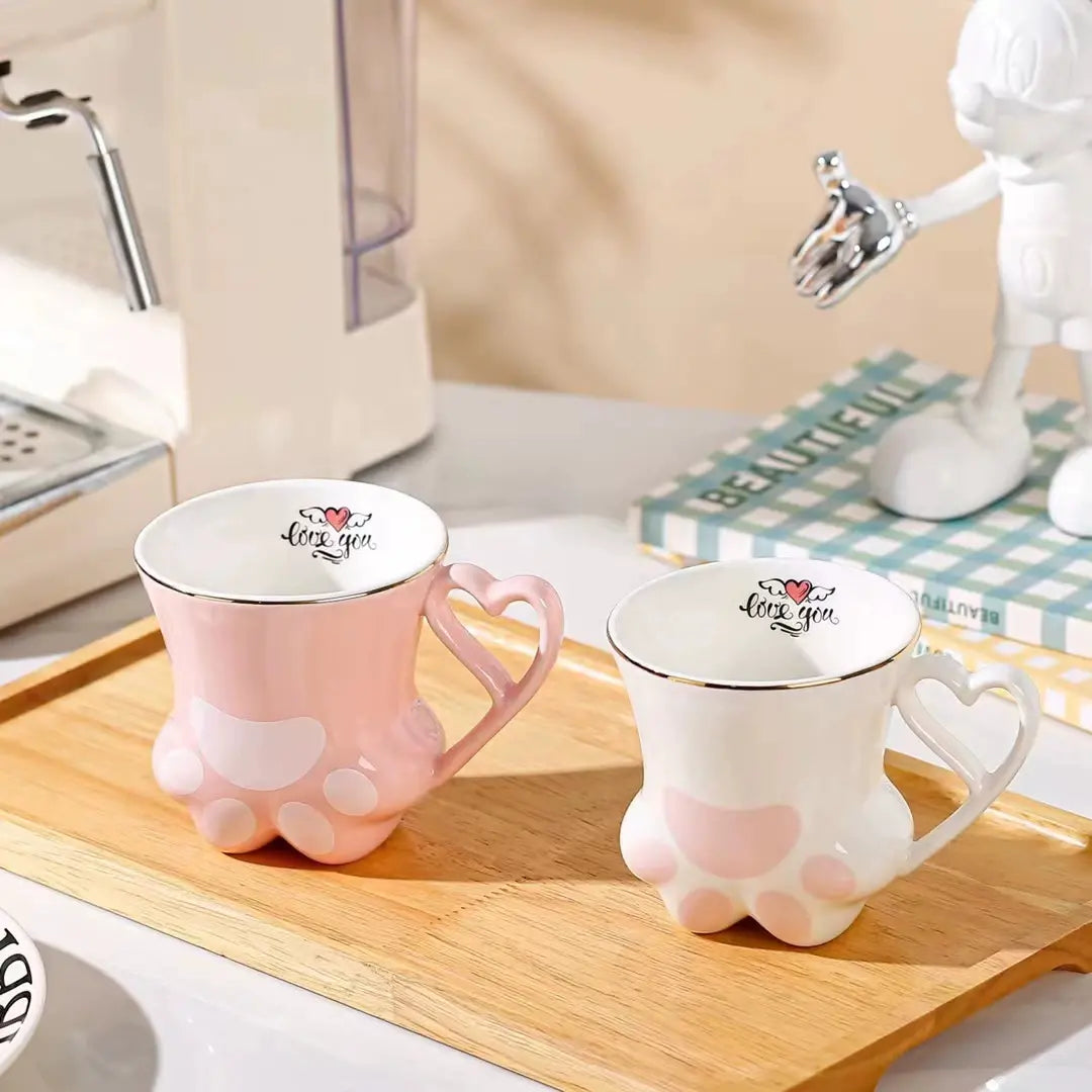 Cute Cat Paw Ceramic Mug with Heart Handle & Star Spoon Kawaii Coffee & Milk Cup Gift Sparkels  Sparkels